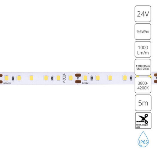 A2412008-05-4K Светодиодная лента 24В 9,6Вт/м 1000Лм/м 4000К 90+ 8мм SMD2835 120шт/м 5м IP65