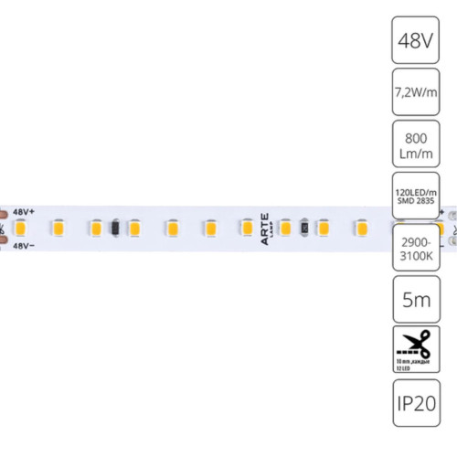A4812010-01-3K Светодиодная лента 48В 7.2Вт/м 800Лм/м 3000К 90+ 10мм SMD2835 120шт/м 5м IP20