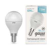 1053128 Лампа Gauss Basic Шар 7,5W 690lm 4100K E14 LED 1/10/100