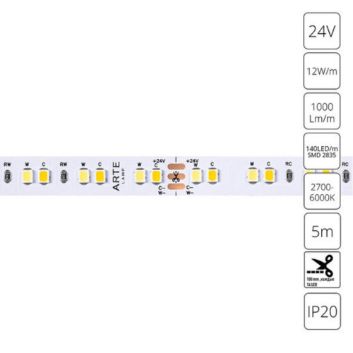 A2414010-01-mix Светодиодная лента 24В 12Вт/м (на канал 6Вт/м) 1000Лм/м 2700К+6000К 90+ 10мм SMD2835 140шт/м 5м IP20