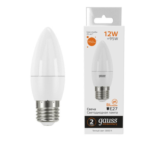 30212 Лампа Gauss Elementary Свеча 12W 950lm 3000K E27 LED 1/10/100