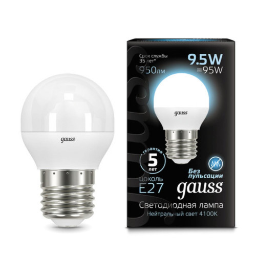 105102210 Лампа Gauss LED Шар E27 9.5W 950lm 4100K 1/10/50