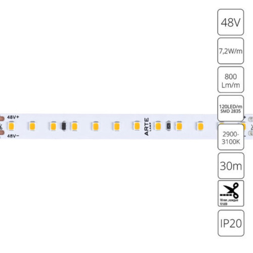 A4812010-03-3K Светодиодная лента 48В 7.2Вт/м 800Лм/м 3000К 90+ 10мм SMD2835 120шт/м 30м IP20