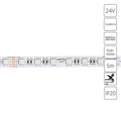 A2406012-01-RGB4K Светодиодная лента 24В 14,4Вт/м (на канал 3,6Вт/м) RGB+4000К 90+ 10мм SMD5050 60шт/м 5м IP20