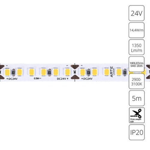 A2418008-01-3K Светодиодная лента 24В 14,4Вт/м 1350Лм/м 3000К 90+ 8мм SMD2835 180шт/м 5м IP20