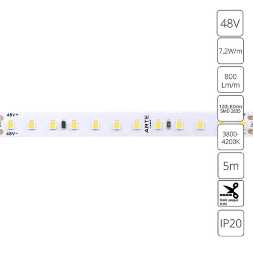 A4812010-02-4K Светодиодная лента 48В 7.2Вт/м 800Лм/м 4000К 90+ 10мм SMD2835 120шт/м 5м IP20