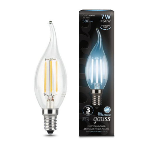 104801207 Лампа Gauss LED Filament Свеча на ветру E14 7W 580lm 4100К 1/10/50